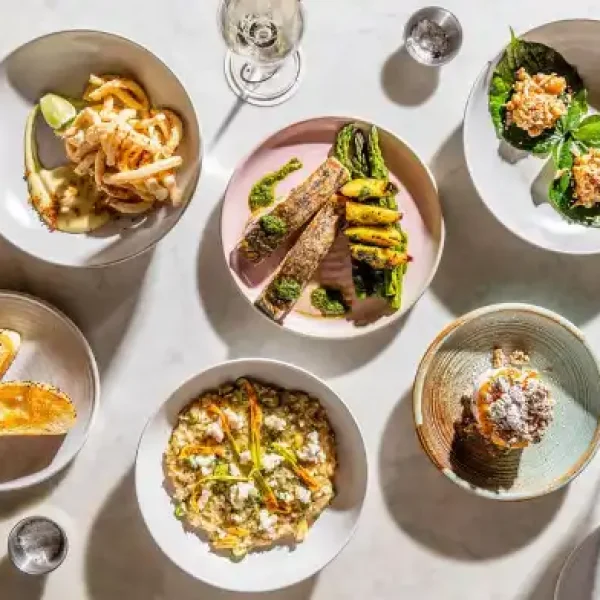Plates of food at Love Fish including grilled fish, risotto and calamari